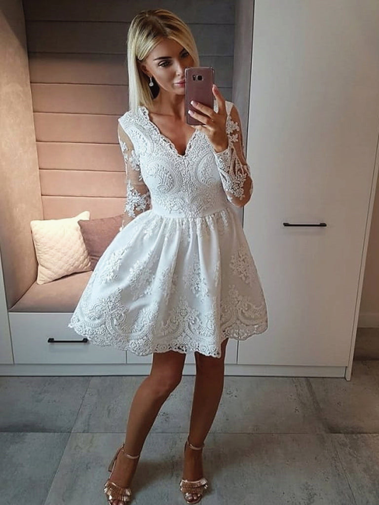 Long Sleeves Short White Lace Prom ...